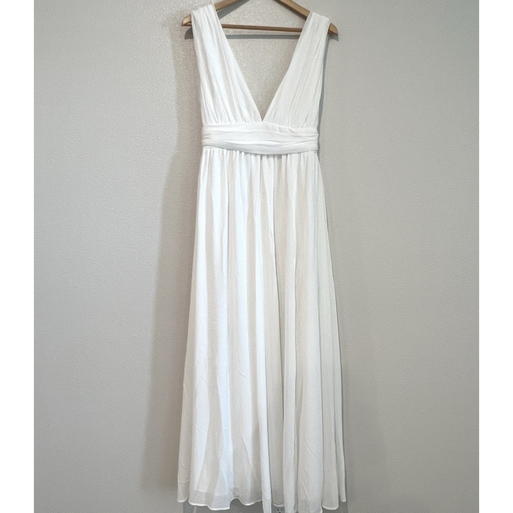 Lulus Maxi Dress Womens Medium White Excellent V-Neck Chiffon High Slit Gown